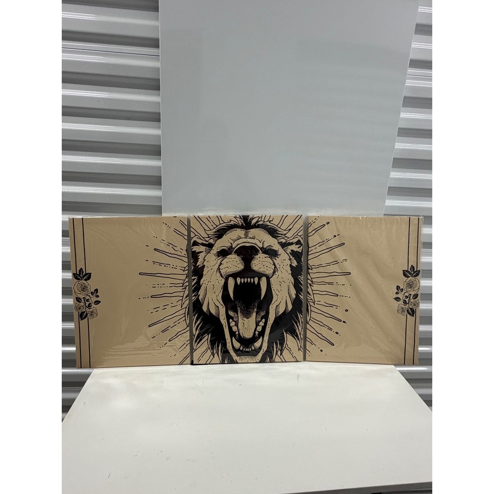 Roaring Lion 3 Piece Canvas Wall Art Set Black Tan Triptych Rose Decor